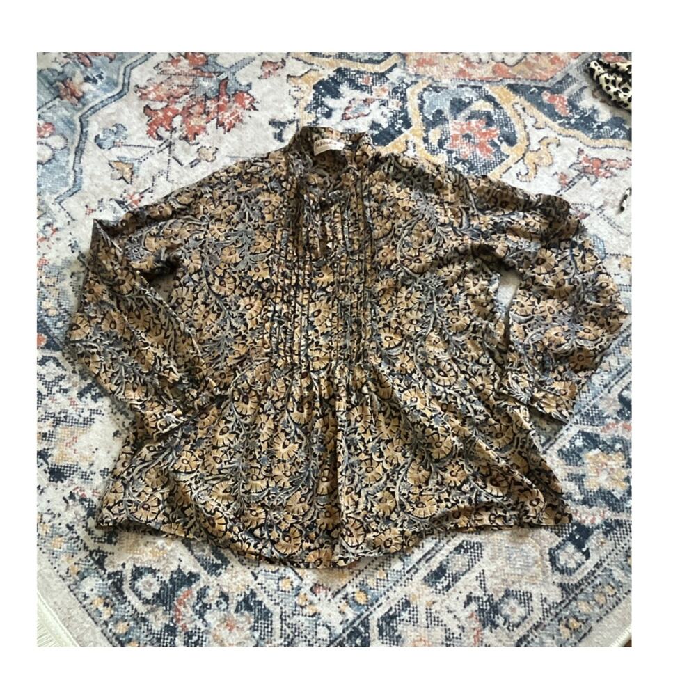 Fabindia Women’s M Cotton Woven Floral Collared Button-by Up Blouse Long Sleeve